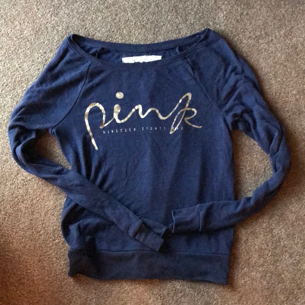 VS Pink Navy off the shoulder sweater